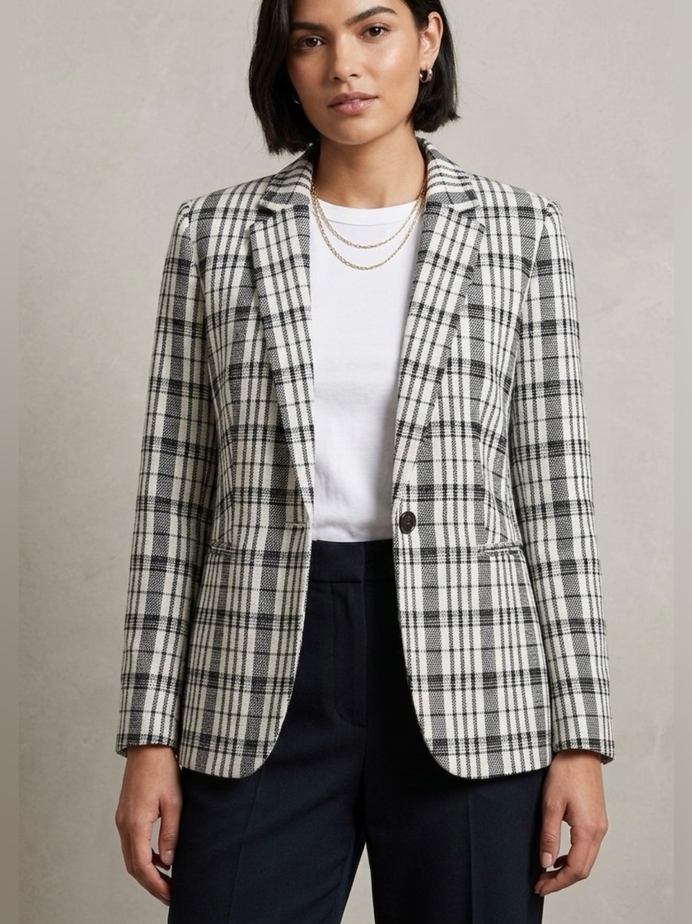 Ann Taylor Plaid Single-Button Blazer Jacket - Black & White, Size 6 (NWT)